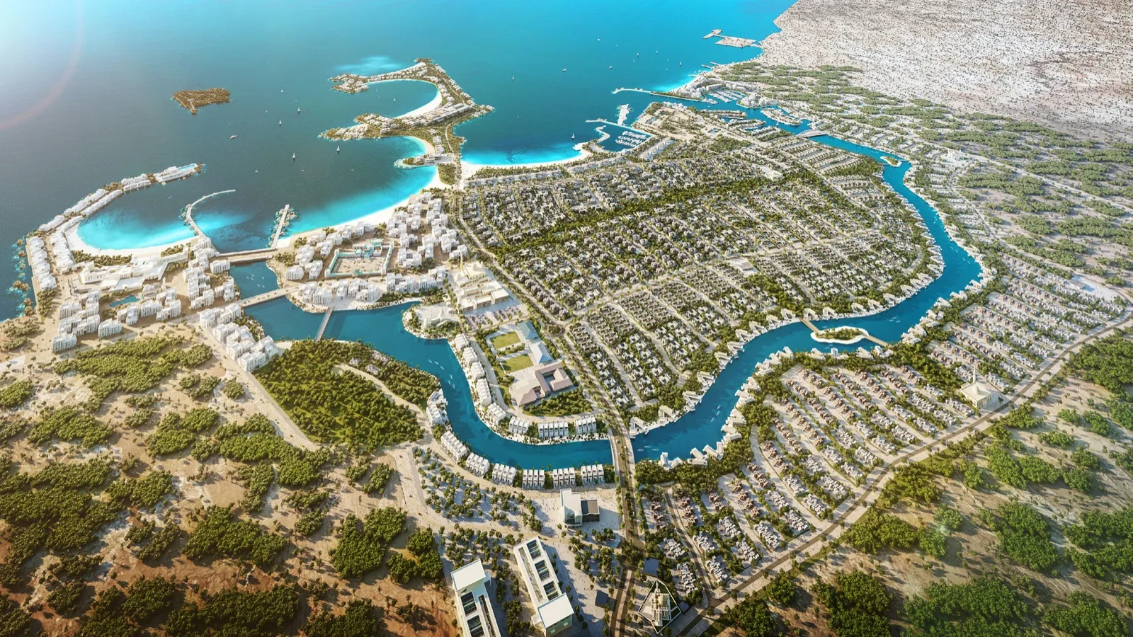 Aerial rendering of Al Jurf, a low-density coastal community of lagoons, homes and mangroves