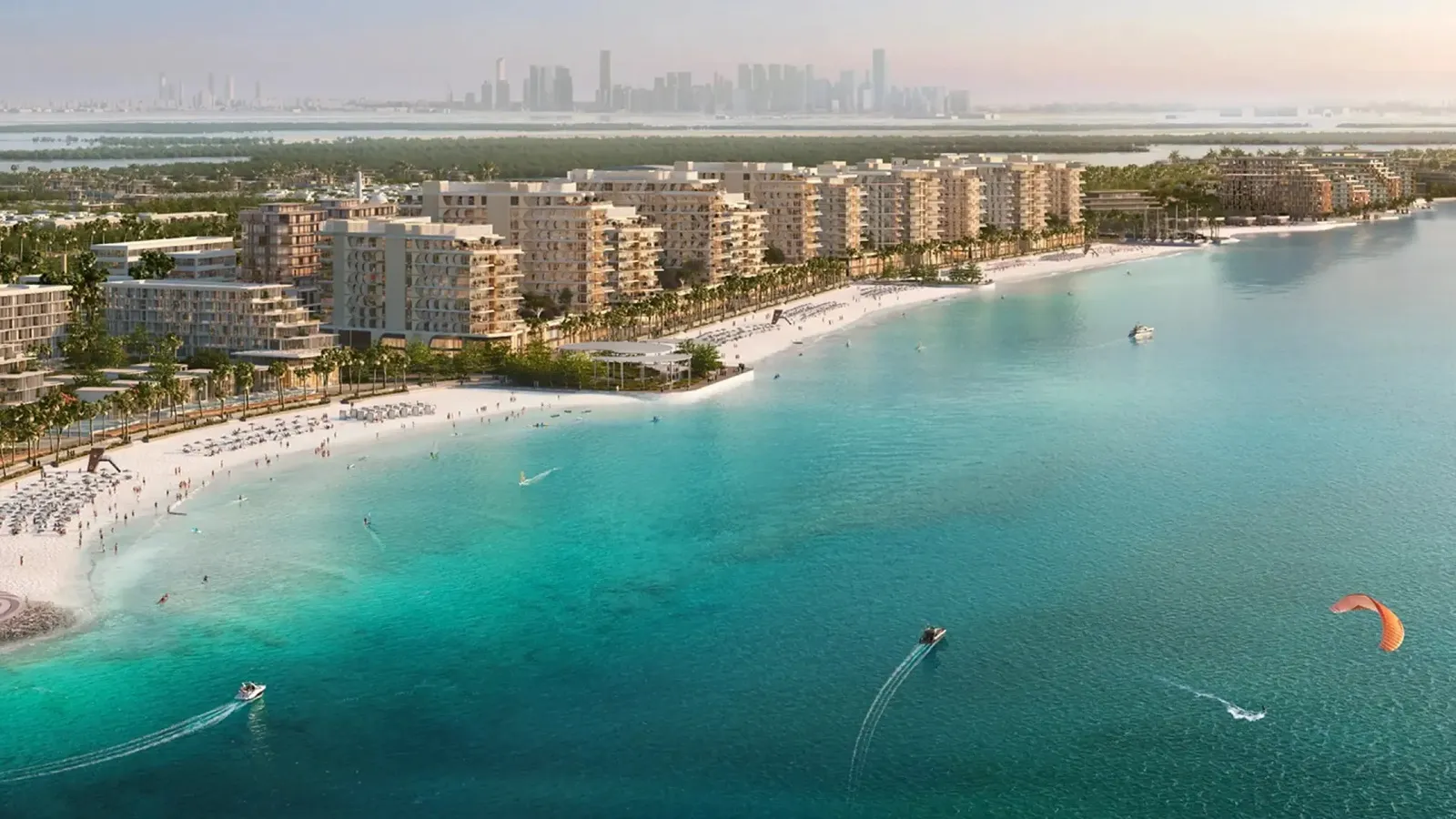 Rendering of low-rise beachfront residences on Fahid Island, with the Abu Dhabi skyline in the distance