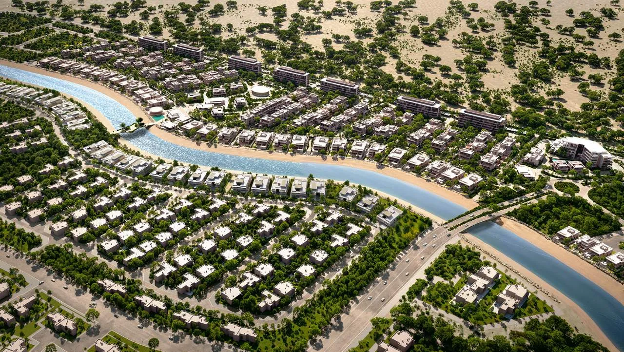 Aerial view of the masterplan with the canal running through it