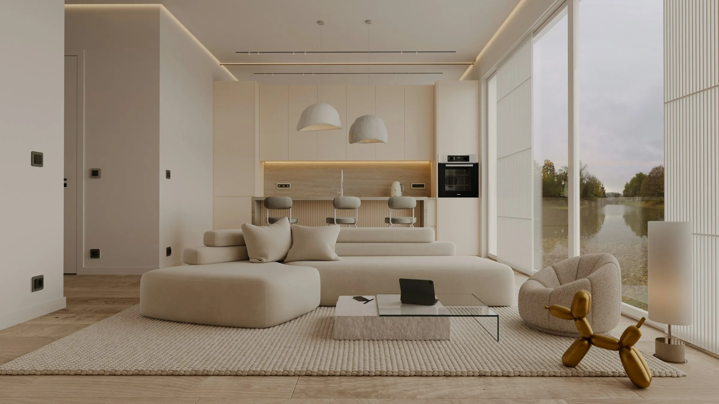 Bright, minimal living room with a cream sofa, pendant lights and floor-to-ceiling windows